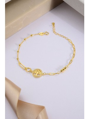 925 Ayar Gümüş Üzeri Altın Kaplama Hayat Ağacı Bileklik