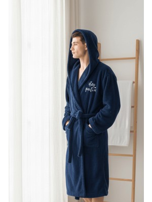 Miespiga Welsoft Uzun Kapüşonlu Lacivert Erkek Peluş Sabahlık