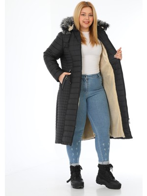 TUTveAL Collection Kadın Hardal Içi Kürklü Mont Uzun Kapitone Mont Kapüşonlu Büyük Beden Mont