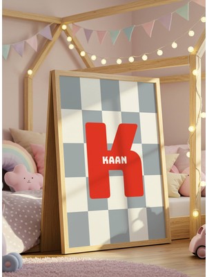 Fuart.Co Isme Özel Çocuk Poster Erkek Çocuk Gri Dama Kırmızı Harf (Çerçevesiz) Kdfu