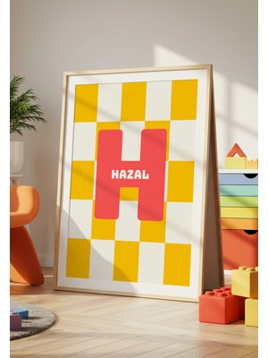 Fuart.Co Isme Özel Çocuk Poster Kız Çocuk Sarı Dama Turuncu Harf (Çerçevesiz) Kdfu