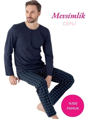 Bie's Lacivert Erkek Ekose Desen %100 Pamuk Mevsimlik Uzun Kol Cepli Pijama Takımı
