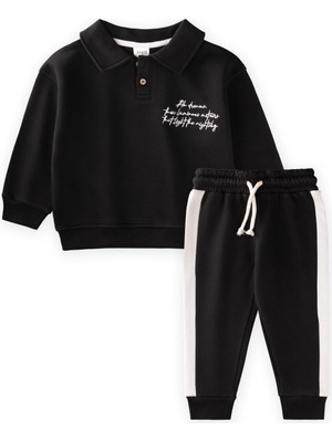 Cigit Yakalı Nakış Işlemeli Sweatshirt Takım 2-10 Yaş Siyah