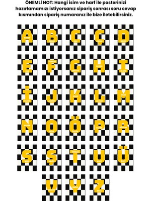 Fuart.Co Isme Özel Çocuk Poster Erkek Çocuk Siyah Dama Sarı Harf (Çerçevesiz) Kdfu