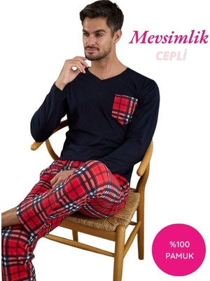 Bie's Kırmızı Erkek Ekose Desen %100 Pamuk Mevsimlik Uzun Kollu Cepli Pijama Takımı