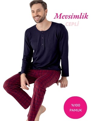 Bie's Kırmızı-Lacivert Erkek Ekose Desen %100 Pamuk Mevsimlik Uzun Kol Cepli Pijama Takımı