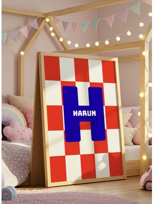 Fuart.Co Isme Özel Çocuk Poster Erkek Çocuk Kırmızı Dama Lacivert Harf (Çerçevesiz) Kdfu