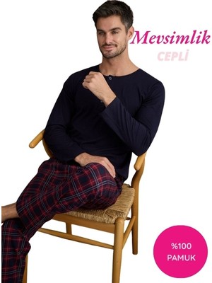 Bie's Lacivert-Kırmızı Erkek Ekose Desen %100 Pamuk Mevsimlik Uzun Kol Cepli Pijama Takımı
