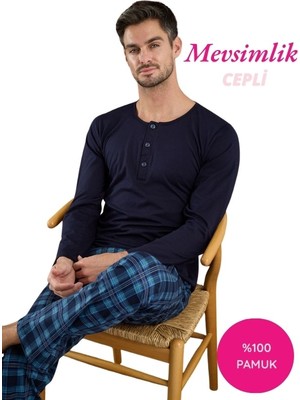 Bie's Lacivert-Mavi Erkek Ekose Desen %100 Pamuk Mevsimlik Uzun Kol Cepli Pijama Takımı
