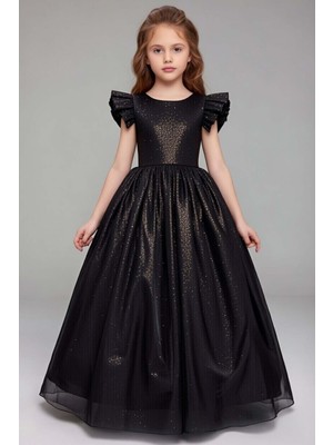 Riccotarz Kız Çocuk Üzeri Simli ve Omuzlar Fırfır Detaylı Kolsuz Siyah Abiye