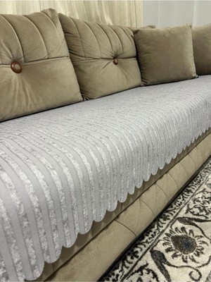 Göksal Süvari )Bambu Çizgili Süngerli Kadife Kaymaz Koltuk Örtüsü (Sadece Oturma Yerini Kapatır) 85X210 ( Taş Ren