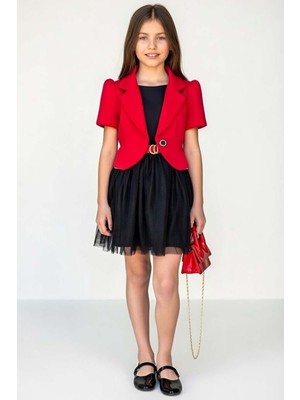 Riccotarz Kız Çocuk Blazer Ceketli, Üzeri Saten Eteği Astarlı ve Simli Kolsuz Elbise