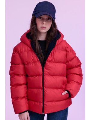 Kız Çocuk Kırmızı Su ve Rüzgar Geçirmez Içi Polarlı Kapüşonlu Şişme Mont