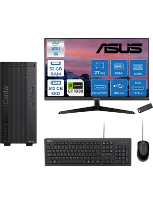 Asus Expertcenter B900MF Intel® Core™ Ultra 7 265 5.3ghz Aı 32GB Ddr5 512GB SSD 4GB/GT1030  27"Mon120Hz  Freedos Mini Tower Masaüstü Bilgisayar B900MF10302721F12+ZETTAUSBBELLEK