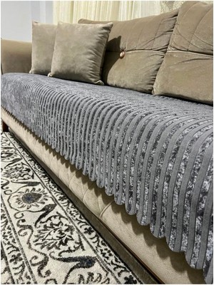 Göksal Süvari Bambu Çizgili Süngerli Kadife Kaymaz Çektat Koltuk Örtüsü 85X210 (Krem)