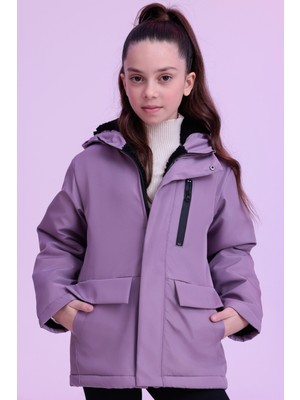 Kız Çocuk Lila Içi Kürklü Su ve Rüzgar Geçirmez Kapüşonlu Kışlık Mont Parka