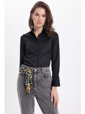 Tudors Kadın Slim Fit Non-Iron Pamuklu Vücuda Oturan Ütü Gerektirmez Pensli Siyah Gömlek