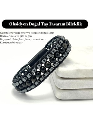 Yıldız Doğal Taş Sertifikalı Obsidyen Taşı Erkek Bileklik – Çelik Kilitli, Doğal Taş Tasarım, Şık ve Özgün Aksesuar