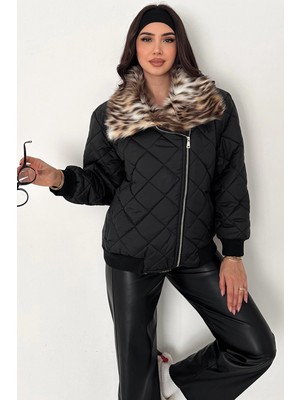 Leopar Kürk Yakalı Kısa Mont