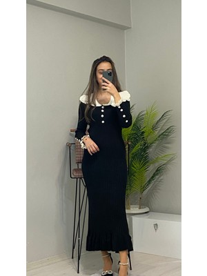 Butik Kadın Şık Yaka Detaylı Midi Boy Triko Elbise