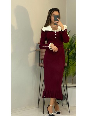 Butik Kadın Şık Yaka Detaylı Midi Boy Triko Elbise