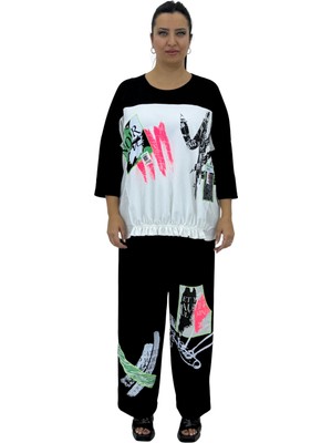 Büyük Beden Pamuklu Lastik Detaylı Salaş Kapri Kol Desenli Alt Üst Kadın Eşofman Takımı