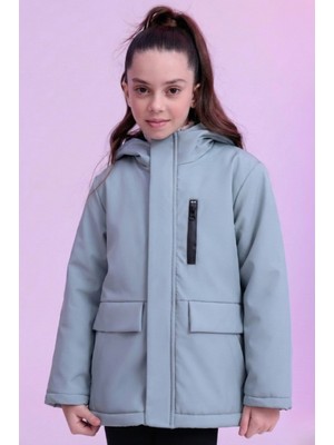 Kız Çocuk Mint Yeşili Içi Kürklü Su ve Rüzgar Geçirmez Kapüşonlu Kışlık Mont Parka