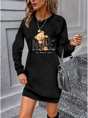 Sidelya Concept Kadın Uzun Kollu Bisiklet Yaka Ayı Desenli Viskon Iki Iplik Elbise