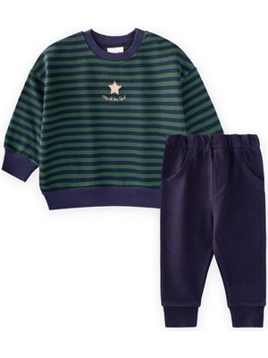 Cigit Çizgili Triko Erkek Bebek Takım 0-3 Yaş Haki Lacivert Çizgili