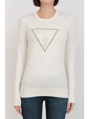 Guess Uzun Kollu Bisiklet Yaka Sasha Üçgen Logolu Triko Kadın Beyaz Triko W6RR49Z2NQ2-G012
