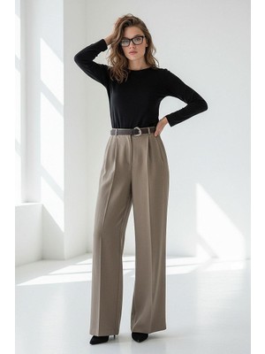 Madmext Haki Yüksek Bel Pileli Kemerli Geniş Paça Kadın Pantolon MG2615