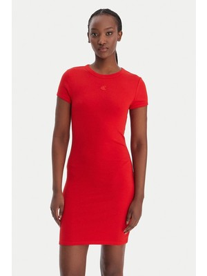 Calvin Klein Kısa Kollu Pamuklu Contour 1x1 Fitilli Kadın Kırmızı Elbise LV047B266G-VMT