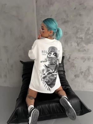 Sidelya Concept Unisex Baskılı Oversize T-Shirt - Beyaz