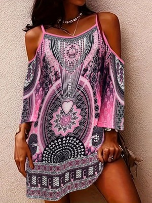 Sidelya Concept Kadın Askılı Omuzlardan Açık Truvakar Kol Desenli Kısa Süprem Elbise