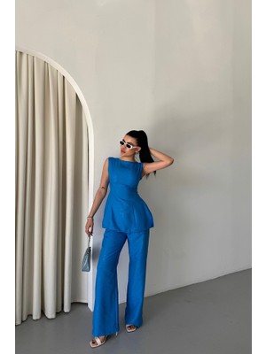 Sidelya Concept Jakar Keten Kolsuz Bluz-Pantolon Tk - Mavi
