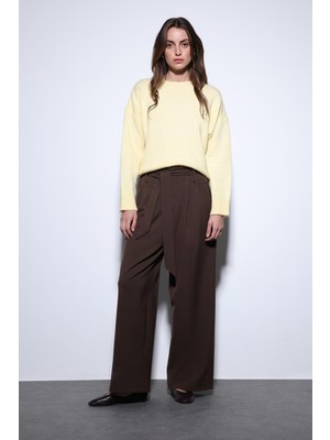 Antioch Kahve Kemerli Pileli Geniş Kadın Pantolon