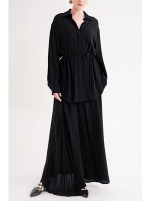 Societa Siyah Bol kesim gömlek ve lastik detaylı etekli takım 12382