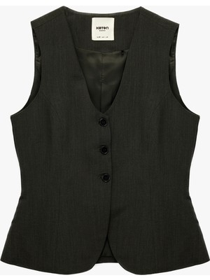 Koton Düğmeli Kolsuz V Yaka Koyun Yünü Karışımlı Yelek