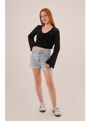 Sidelya Concept Ön Bağlamalı Ajurlu Crop Siyah Hırka