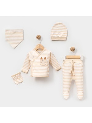 Lovemaxx 5050LV – Erkek Bebek 0–3 Ay Kaplanlı Çizgili 5’li Set | Krem Yenidoğan Takımı | Hastane Çıkışı