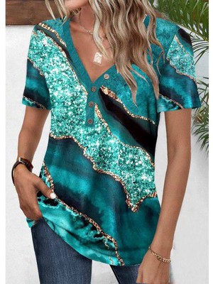 Sidelya Concept Kadın Kısa Kollu V Yakalı Önden Düğmeli Baskılı Süprem Bluz