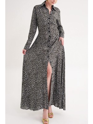 Societa Gri Belden oturtmalı uzun gömlek elbise 94674