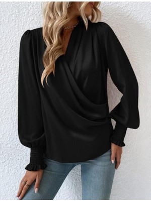 Sidelya Concept Kadın Uzun Kollu Dökümlü Kruvaze Yaka Kol Ucu Gipeli Sandy Bluz