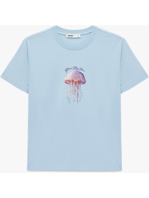 Koton Pamuklu Kısa Kollu Bisiklet Yaka Baskılı Tişört