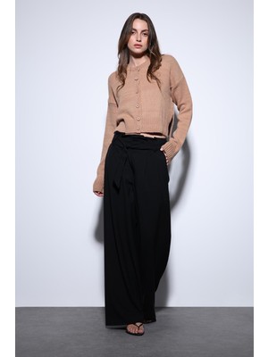 Antioch Siyah Kemerli Pileli Geniş Kadın Pantolon