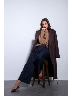 Antioch Lacivert Pileli Geniş Kadın Pantolon