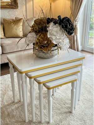 4lü Beyaz Sarı Lüx Mdf Ahşap Zigon Sehpa Gürgen Ahşap Ayak Bella Vetro