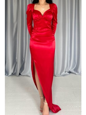 Sidelya Concept Kırmızı Göğsü Kuplu Yırtmaçlı Elbise