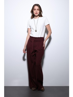 Antioch Bordo Kemerli Pileli Geniş Kadın Pantolon
