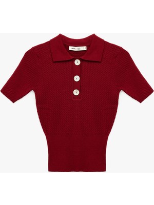 Koton x Melis Ağazat - Kısa Kollu Düğmeli Polo Yaka Saç Örgü Kazak